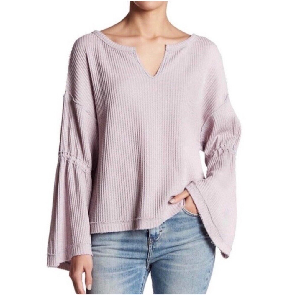 WE THE FREE Dahlia Top Shirt Waffle Knit Bell Sleeve Lavender Purple Women's XS